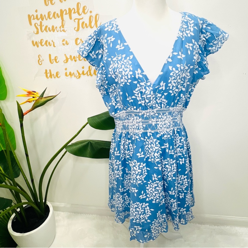 SAIL TO SABLE Blue Floral Flutter Ruffle Sleeve Smock Waist Mini Dress Large - Picture 2 of 13